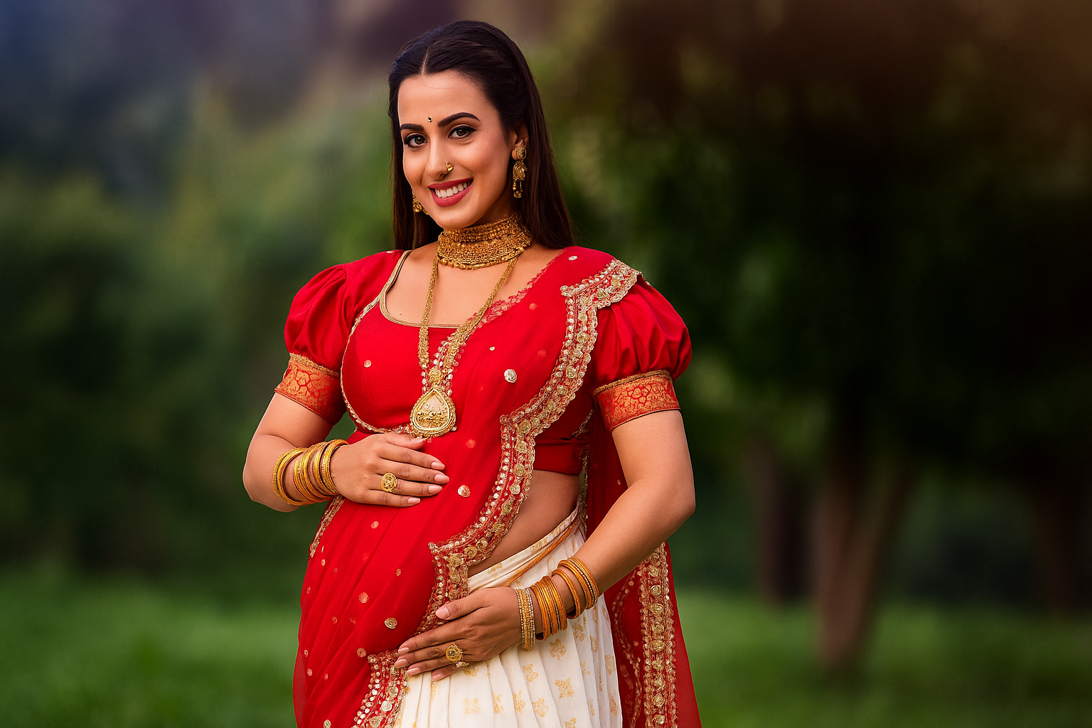 Pregnant Indian woman in saree during maternity photoshoot