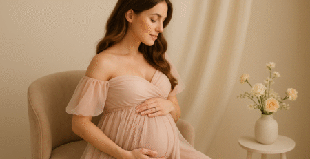 Pregnancy photoshoot poses with elegant gown in Gurgaon studio – Babybum Photography