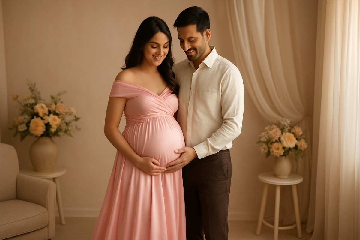 Pregnant woman holding her belly during indoor maternity shoot in Gurgaon