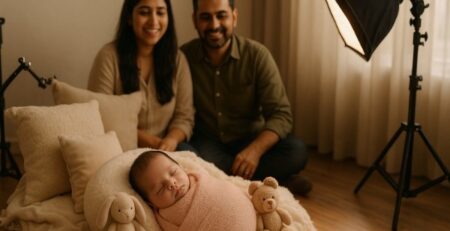 Newborn baby sleeping peacefully during professional photoshoot in Gurugram