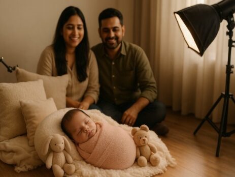 Newborn baby sleeping peacefully during professional photoshoot in Gurugram