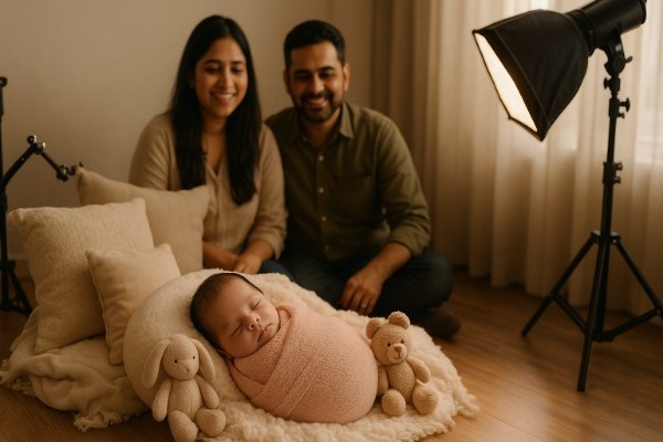 Newborn baby sleeping peacefully during professional photoshoot in Gurugram